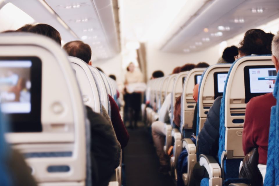 Airplane aisle during flight